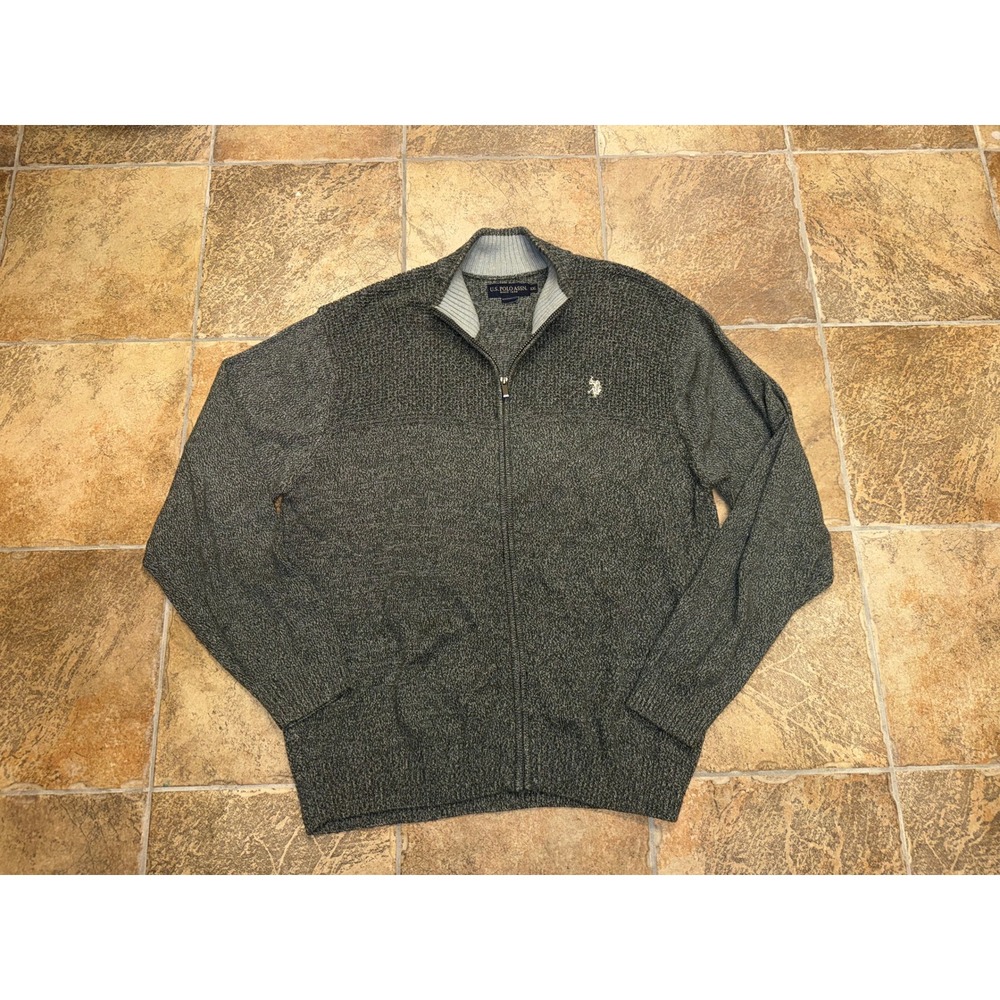 US Polo Assn Mens XXL Full Zip Cardigan Sweater Gray Marl Mock Neck Knit Logo